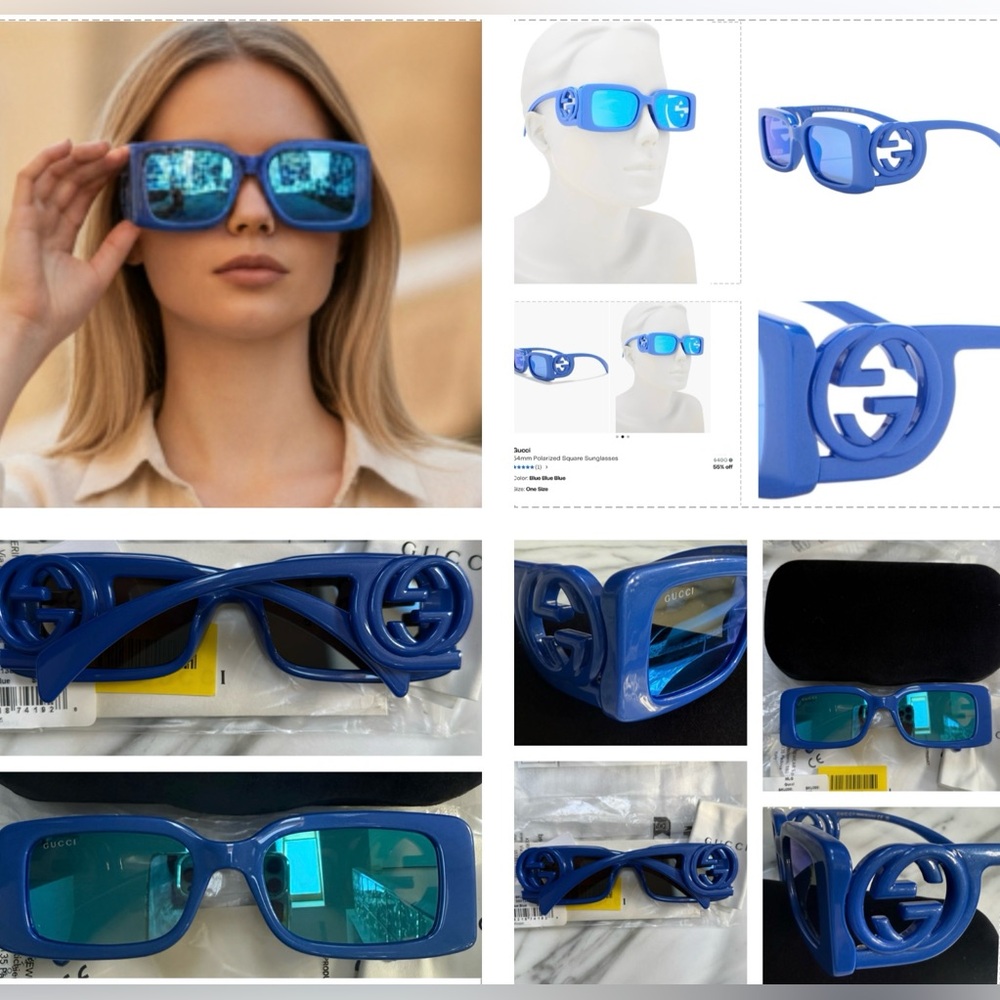 GUCCI SUNGLASSES STRIKING BLUE RECTANGULAR SUNGLASSES WITH BLUE MIRROR LENSES - Picture 3 of 16